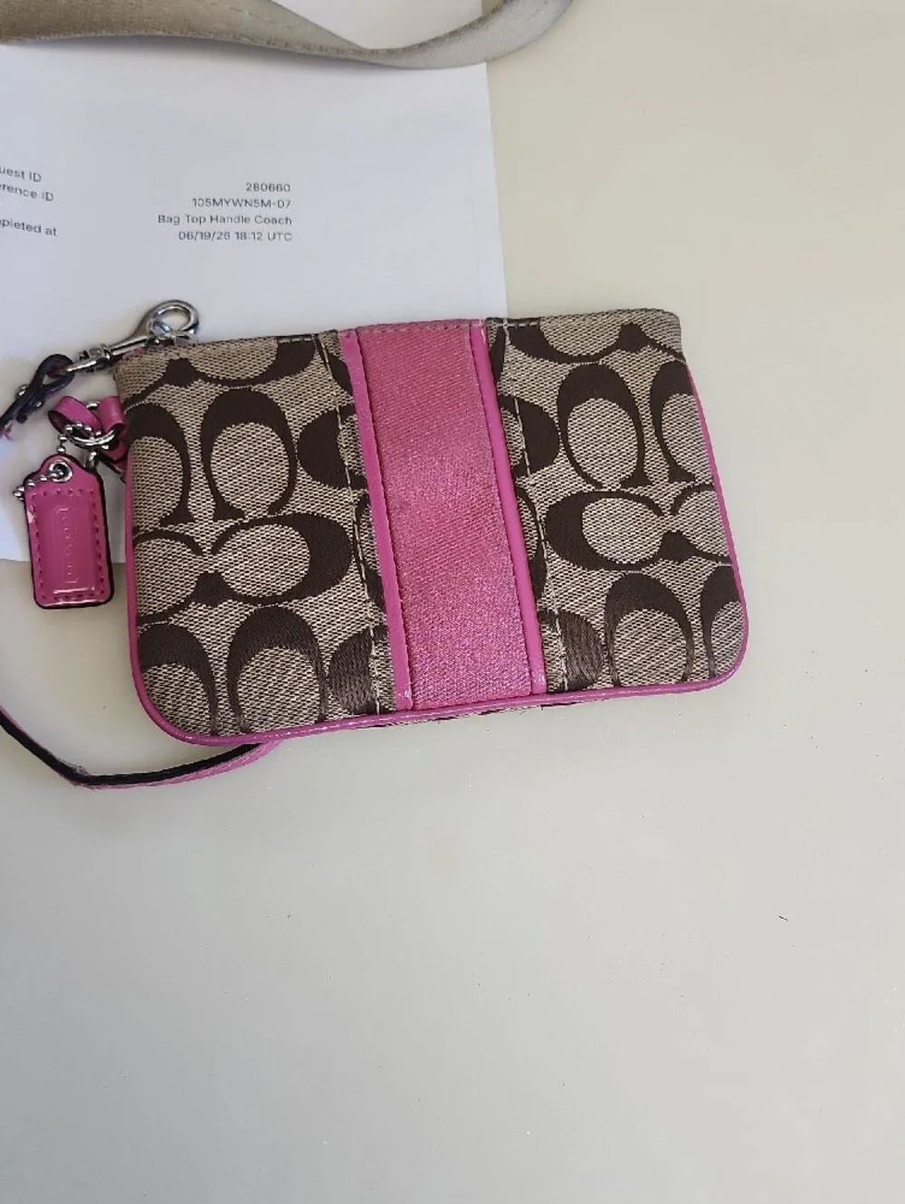 Coach Brown Signature Canvas Shoulder Bag with Pink Stripe and Matching Wallets
